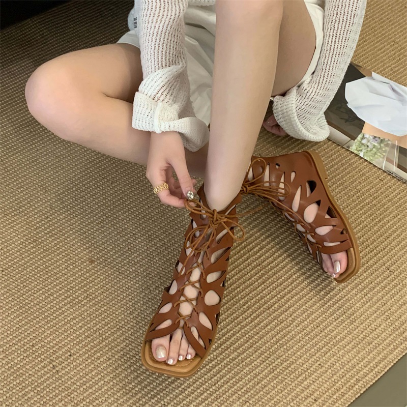 Crossfit Outfit - Aneikeh Gladiator Hollow Out รองเท้าส้นสูงข้อเท้ารองเท้าแตะรองเท้าแฟชั่นฤดูร้อนสแควร์ฝาครอบ Heel